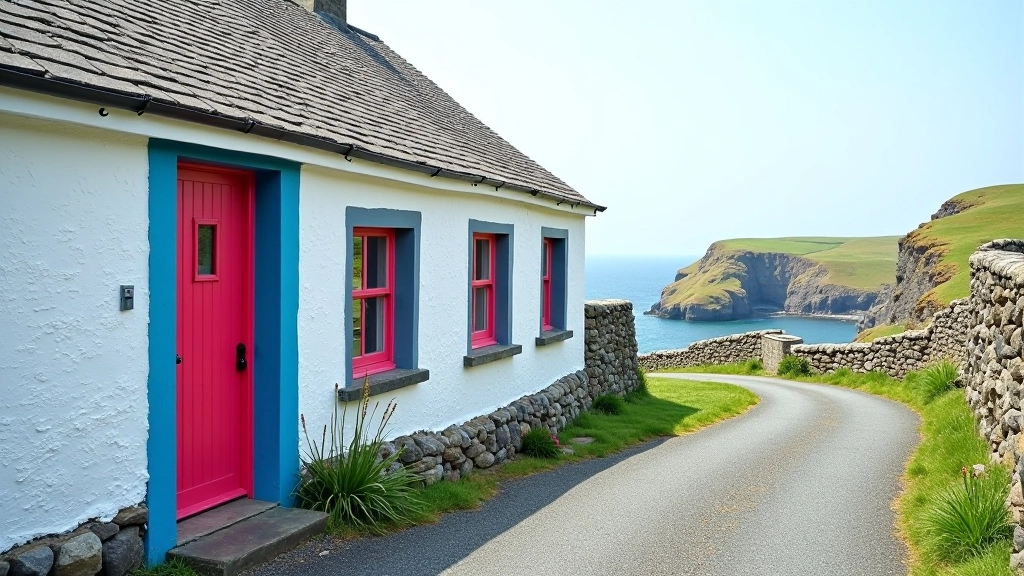 Traditional Irish stone cottage with colorful blue door and window shutters, whitewashed walls, mountains visible in the background