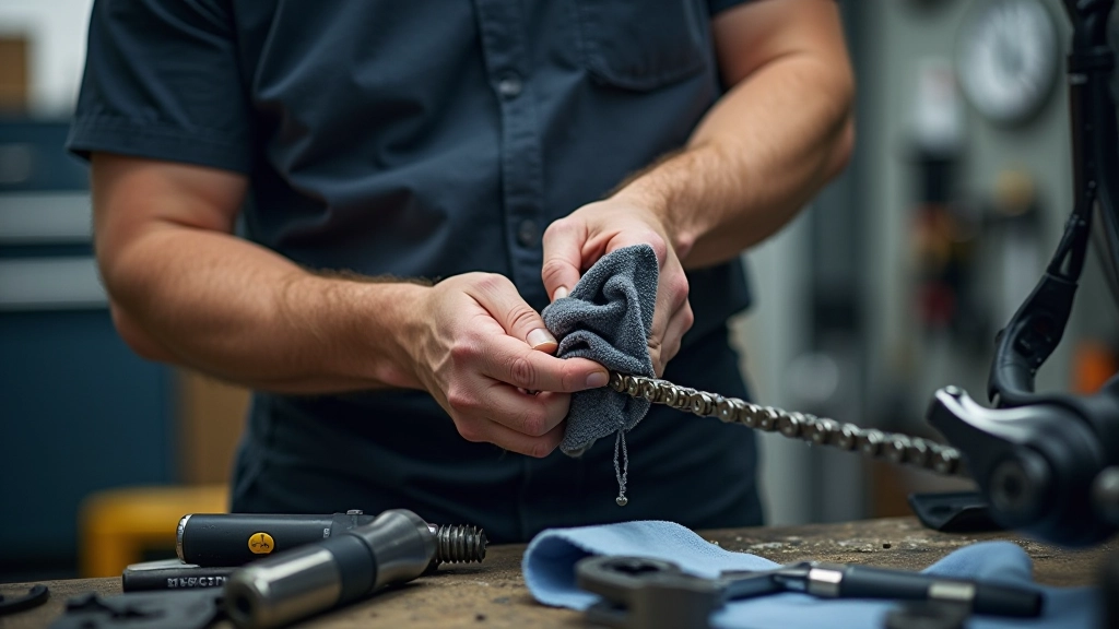 Bike mechanic cleaning and maintaining bicycle chain with cloth and lubricant, professional workbench setting with tools