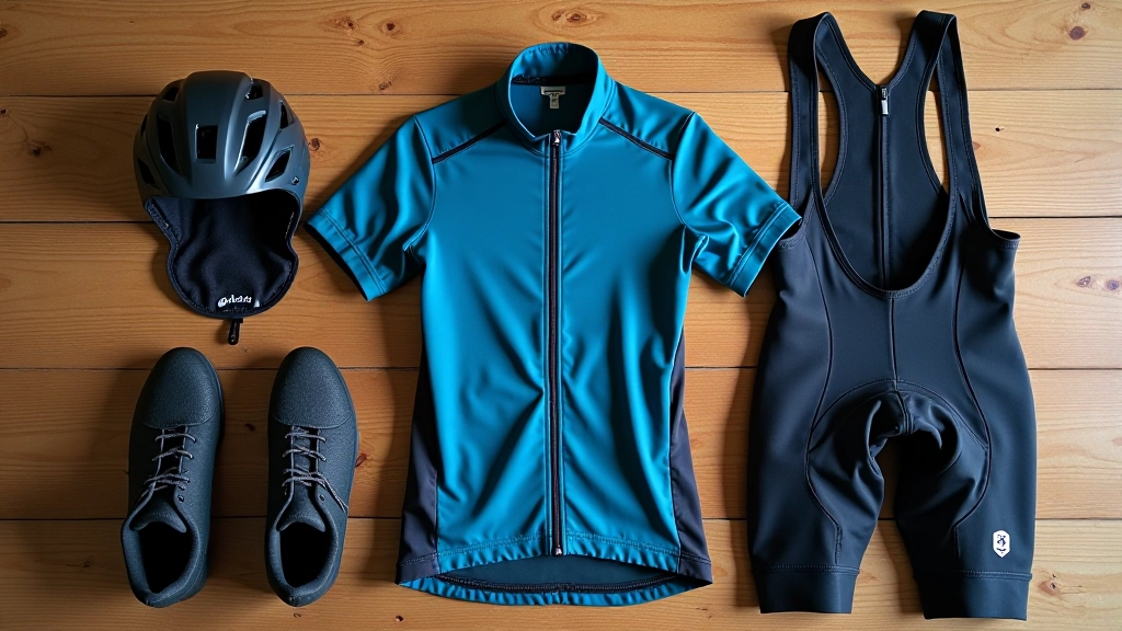 Cycling shoes, padded shorts, and moisture-wicking jersey laid out on wooden table, showing essential cycling comfort gear