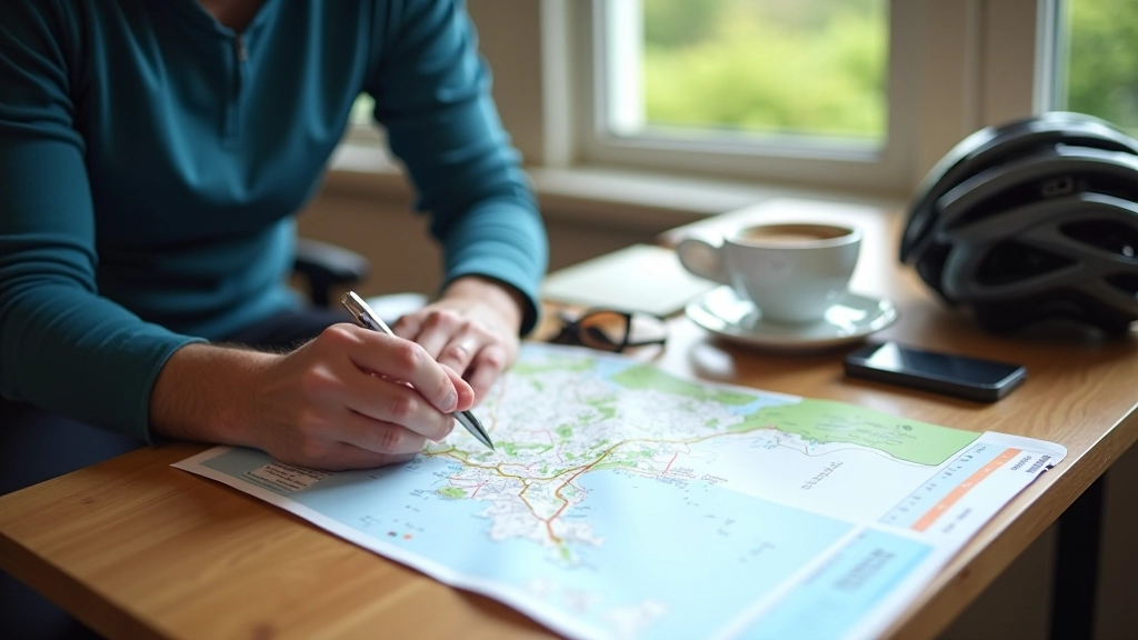 Cyclist reviewing detailed route map and planning information at a table