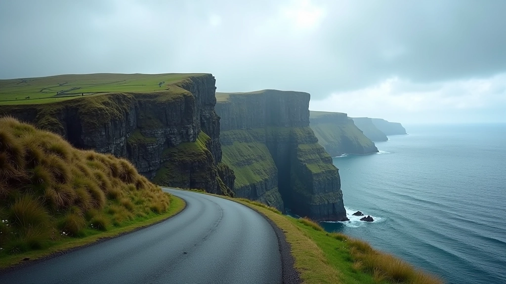 Dramatic cliff scenery with cycling route winding along coastline