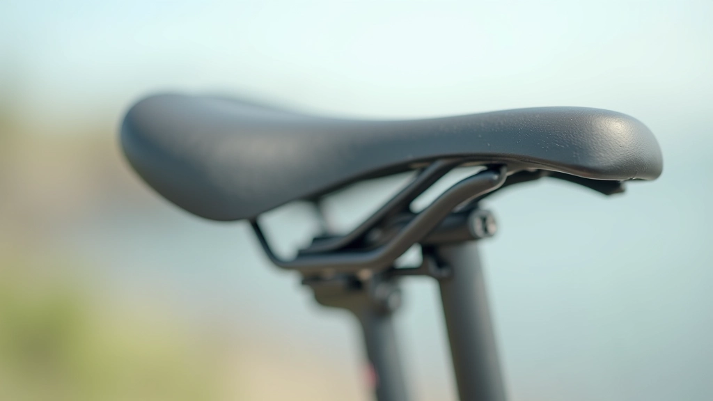 Close-up of ergonomic bicycle saddle with memory foam padding, designed for comfort, mounted on bike seat post