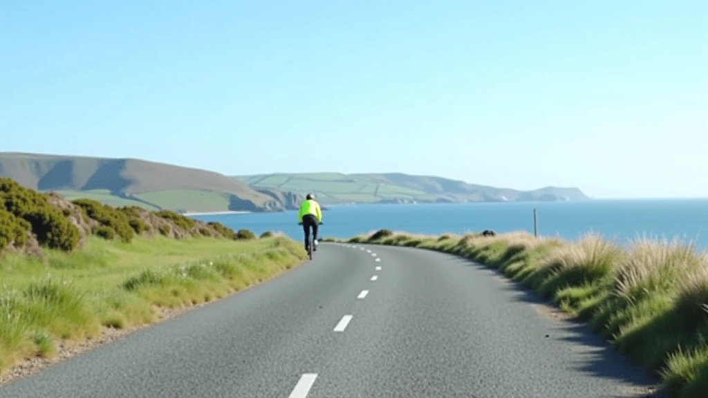 Flat asphalt cycling path following coastal causeway with ocean on both sides