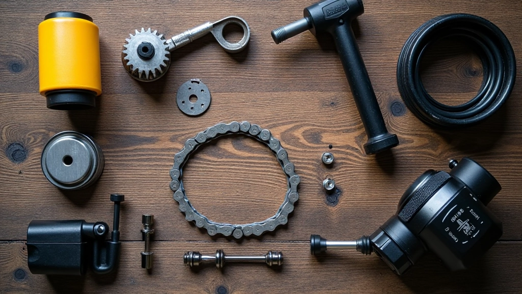Mountain bicycle repair tools and spare parts laid out on weathered wooden table with helmet and water bottle nearby