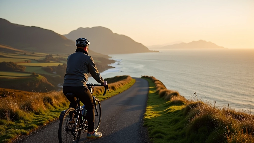 Great Blasket viewpoint with cycling route, panoramic sea and mountain landscape