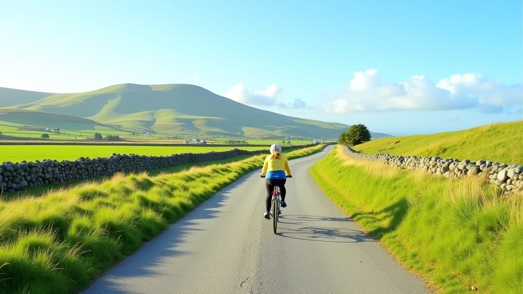 Scenic Irish cycling lane with rolling green hills, blue sky, rural countryside landscape