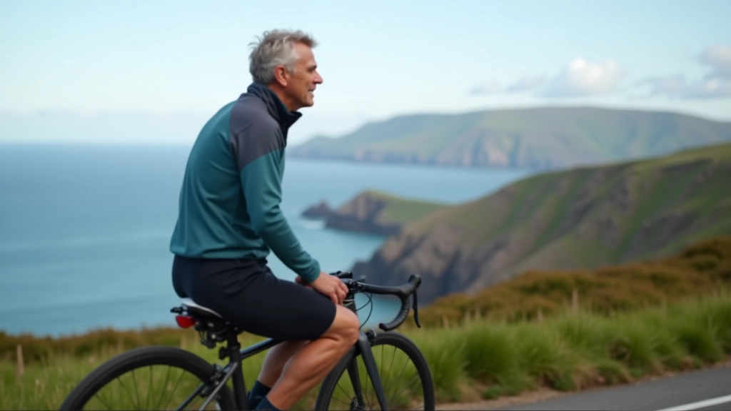 Cyclist resting on causeway with ocean view
