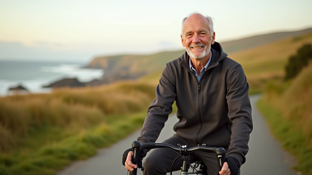 Mature cyclist riding confidently on scenic route with rolling landscape