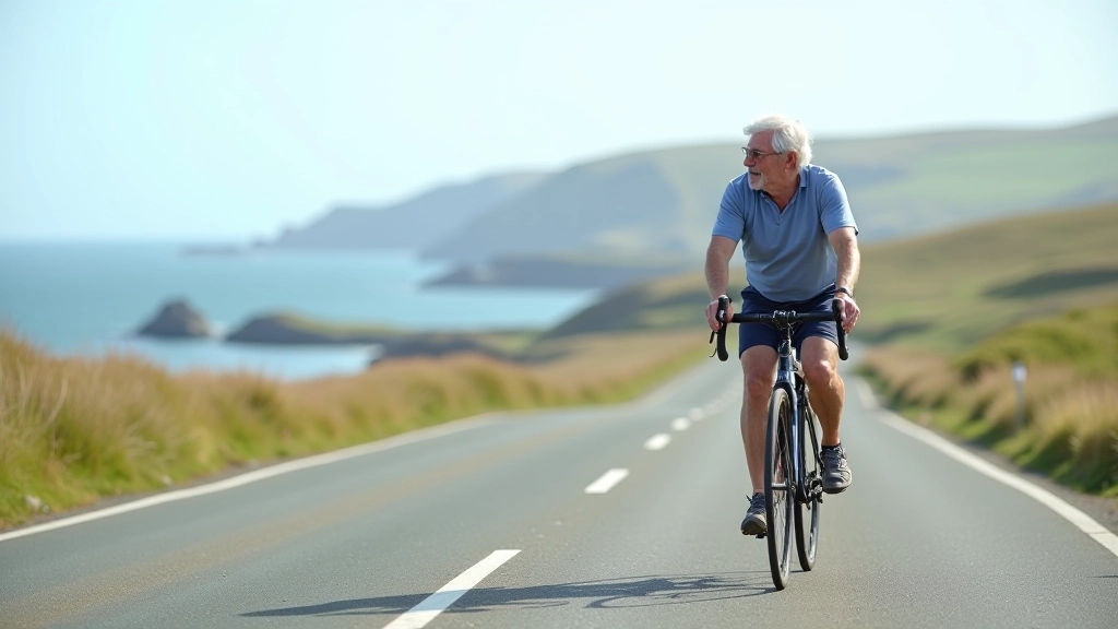 Cyclist riding on flat coastal road with water visible in background