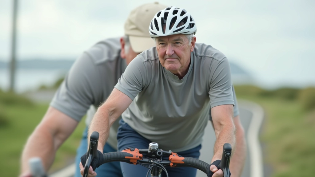 Mature cyclist adjusting bicycle seat height on stationary bike, focused expression, indoor cycling studio with natural light