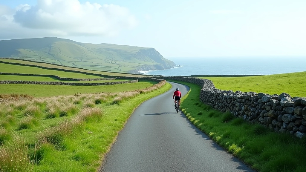Mountain road cycling route with gentle slope, stone walls lining both sides, green fields, coastal landscape in distance