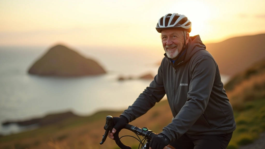 Cyclist pausing at scenic coastal viewpoint, taking in panoramic island and ocean views