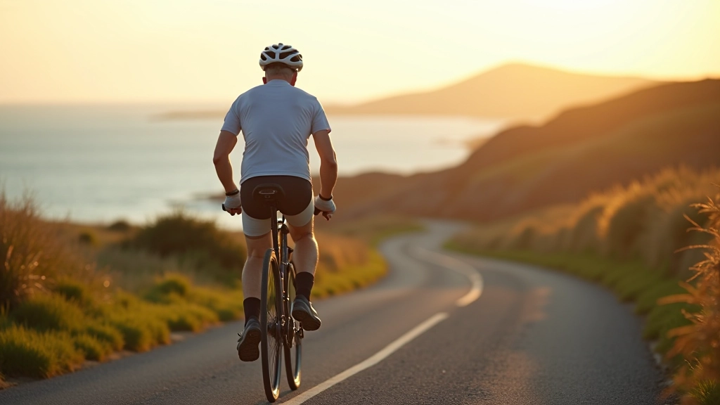 Experienced cyclist enjoying coastal cycling route with ocean views in background