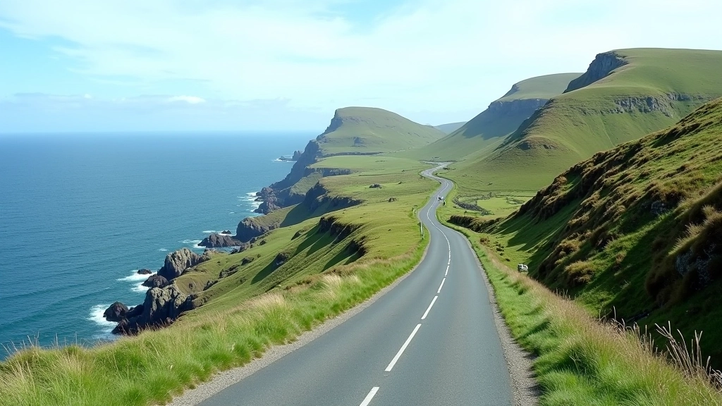 Winding mountain road ascending steeply with dramatic ocean cliffs visible to the left and rolling green hills on the right