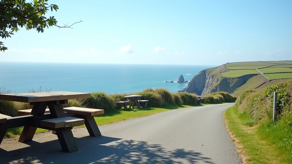 Rest stop area with benches overlooking ocean viewpoint