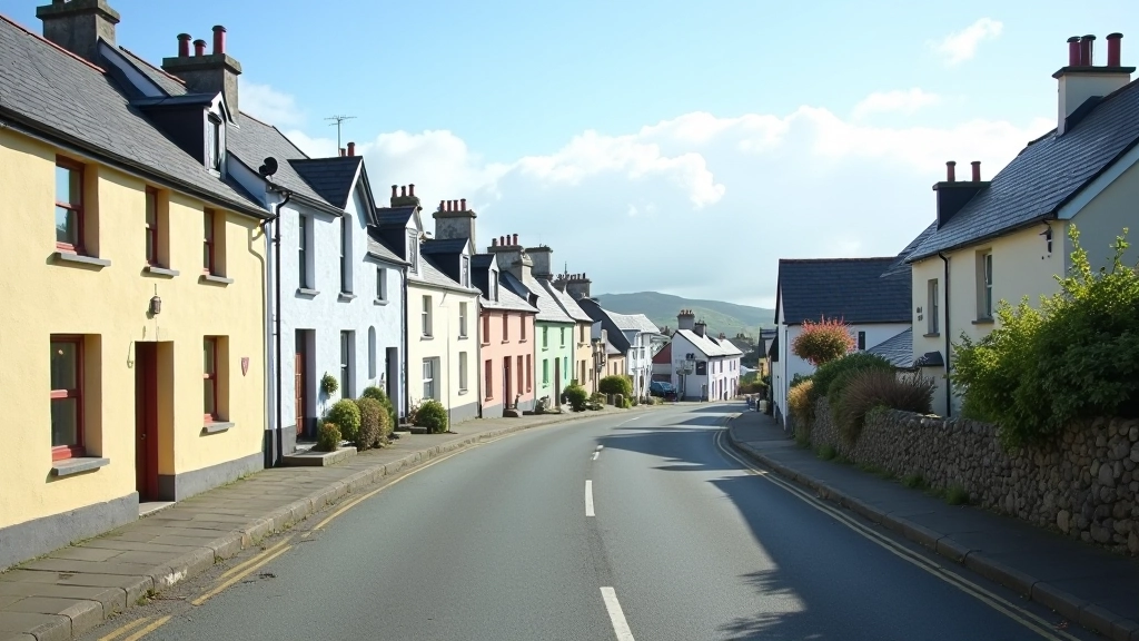 Coastal village along cycling route with traditional Irish architecture