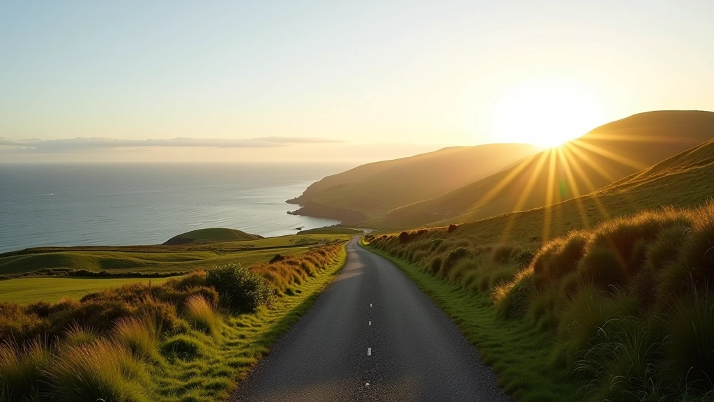 Panoramic view of Irish coastal landscape with cycling path stretching into distance